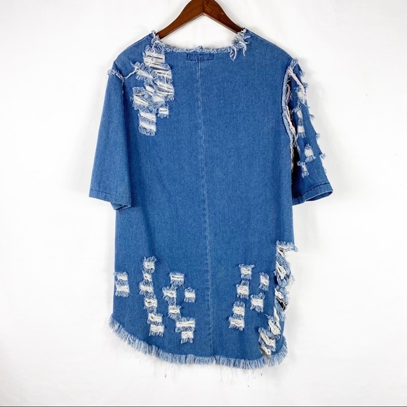 THRILL Denim Embroidered Distressed Mini Dress - L - Picture 6 of 7